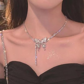 Inateannal Vintage Rhinestone Butterfly Necklace Silver Tennis Choker Necklace Crystal Butterfly Pendant Necklace Sparkly Rhinestone Necklace Chain Jewelry for Women and Girls