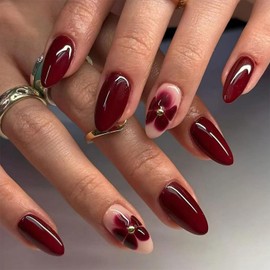 Spring Press on Nails Medium Almond Fake Nails with Flower Design Glue on Nails Glossy Wine Red Acrylic Nails Reusable Summer False Nails for Women Girls Daily Wear Manicure 24pcs