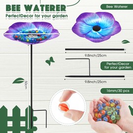 Tandefio 2 Pack Vivid Flower Bee Watering Station Metal Butterfly Water Feeder Cup with 60 Colorful Glass Marbles Bee Feeder Bee Waterer Cup for Bee Butterfly Bird Garden Outdoor Decors (Golden Brown)