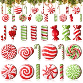 40 Colorful Wood Peppermint Ornaments for Christmas Tree - With Ropes for Hanging Candy Decorations and Party Xmas Tree (Cute)
