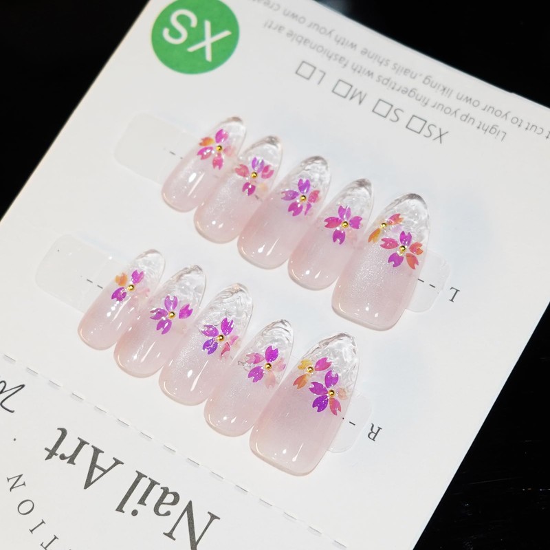 10 Pieces Handmade Nail Tips Cherry Blossom Pink Japanese Pattern
