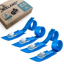 valonic Iceland - 4 x 0.5 m short lashing straps with pad, blue flag, 25 mm, 250 kg, TÜV Rheinl. / GS certified EN-12195-2 - lashing strap with clamping lock for bicycle carrier, bicycle, kayak, short, blue