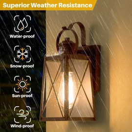 LALUZ Porch Light Outdoor 1-Light Wall Lantern, Max 60W, Farmhouse Wall Sconce Exterior Wall Mount Light in Rustic Bronze with Seeded Glass for Porch Foyer Patio