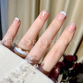 Herbeluemily Nail Tip, Short, Handmade, Storage Case, 10 Pieces, Gel Nail Style, Pink, B (Sakura) M