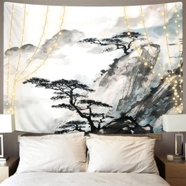 Violetpos Tapisserie Der Wandbehang Japanische Asiatische Chinesische Landschaft Bergbäume Home Decor Wandbehang Wandteppiche Wandkunst für Zimmer 148x200cm H/W