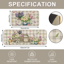 JarThenaAMCS 2Pcs Spring Floral Kitchen Mats Watercolor Flower Truck Kitchen Rugs Farmhouse Gray Buffalo Plaid Non Slip Rectangle Doormats Floor Mat for Home Entrance Porch