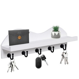 Karisky Key Holder for Wall, Wood Wall Mounted Key Rack with 5 Sturdy Metal Hooks for Bags, Coats, Umbrella, 15 Inches Mail Organizer for Home Entryway Decor, White and Black