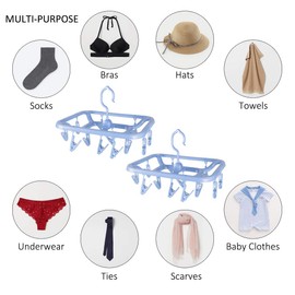 Small Clip and Drip Hanger 2-Pack, Socks Hanger Underwear Hanger with 12 Clips & 360Â° Rotatable Hook, Hanger for Drying Towels, Bras, Baby Clothes, Gloves, Plastic Laundry Sock Drying Hanger, Blue