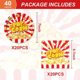 40Pcs Popcorn Party Supplies Plates Napkins Popcorn Theme Tableware Set Serves 20 Guests Movie Night Popcorn Birthday Party Decorations