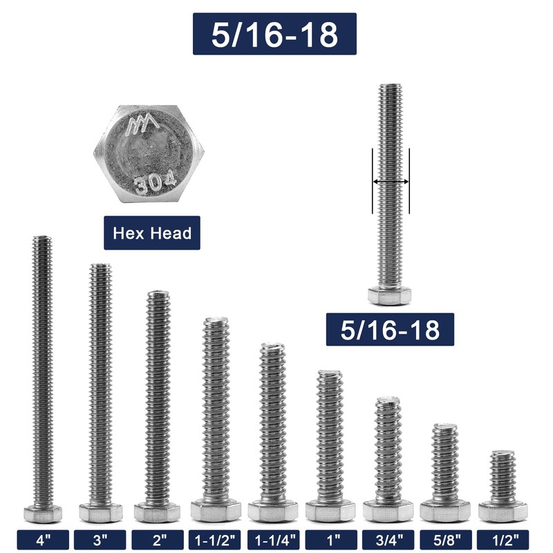 5/16-18 x 1/2" Hex Head Screw Bolt, 20Pcs 18-8 (304)