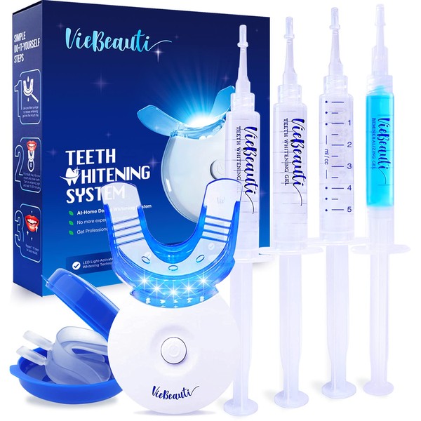VieBeauti Teeth Whitening Kit - 5X LED Light Tooth Whitener, Mouth Trays, Remineralizing Gel and Tray Case - Built-In 10 Minute Timer Restores Your Gleaming White Smile
