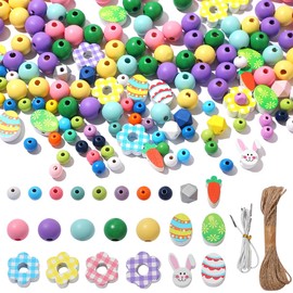 RACIOCK 315 Pcs Easter Wood Beads Colorful Round Craft Bead Rabbits Egg Carrot Wood Bead with Make Bracelets with Colored Wood Beads for Easter Home DIY Crafts Spring Garland Supplies Party Decors