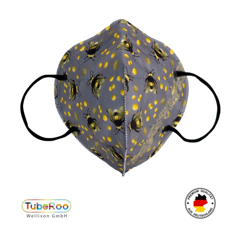 TubeRoo FFP2 Mask, Grey, Dark Grey, Yellow Bumble Bee Motif