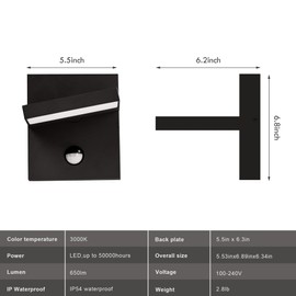 Inowel Motion Sensor Ourdoor Wall Sconce Light LED Exterior Light Fixture Black Modern Front Porch Light Wall Mount Lamp IP54 Waterproof for House Garden Garage Patio,3000K 650LM