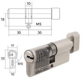 30/30mm Brass Knob Cylinder with 5 Keys Included, Door Lock Cylinder with Sturdy Knob Includes 2 Screws Easy Fit Lock for Doors and Garages Length 60mm