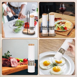 Threlaco Electric Salt and Pepper Grinder Set with 1 Portable Spill Proof Base 2 Packs Battery Operated Salt Pepper shakers with Adjustable Coarseness Light Wheat Straw Grinder for Kitchen(White)