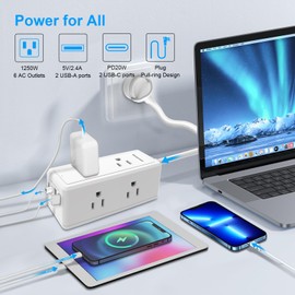 10FT Long Surge Protector Power Strip-with 6 Widely Outlets and 4 USB Ports(2 USB-C Port,PD20W Fast Charging),10 Foot Extension Cord(1250W/10A),Wall Mount for Home Office,900 J,White(2 Pack)