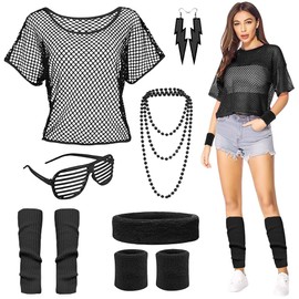 EUBSWA Women's 80s Neon Party Costume Outfit: Black Mesh Shirt, Accessories for Women - Adults