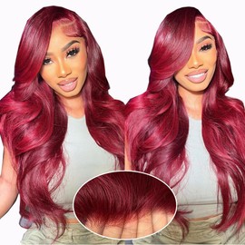 Daveila 30 Inch 99J Burgundy Body Wave Glueless Wig Human Hair Pre Plucked Pre Cut Glueless Lace Front Wig Ready to Wear 6x4 Body Wave 180% Density Closure Wig Natural Hairline Colored Wig