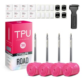 4-Pack CYCLAMI TPU Inner Tube 700C, Ultralight 30g Road Bike Tube Compatible with 700x18/23/25/28/30/32C Metal Presta Valve 65mm -TPU Road Bicycle Tire 28'' (with a Multi-Functional Tire Pry Bar)