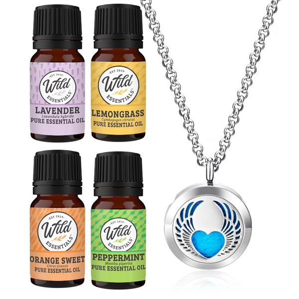 Wild Essentials Winged Heart Necklace Essential Oil Diffuser Kit With Lavender, Lemongrass, Peppermint, Orange Oils, 12 Refill Pads, Calming Aromatherapy Gift Set, Customizable Color Changing, Perfume