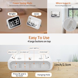 Digital Timer, Large Led 99 Minutes Visual Timer, Countdown Timer Stopwatch for Kids, Classroom Timer, Magnetic Timer for Teacher School, Mirror Makeup Timer, Cooking Timer (White)