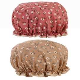Flower Bath Caps Cotton Waterproof Elastic Band Shower Hat for Women Girl Shower Hair Protection (purplished red& khaki color)