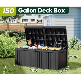 KAMABOKO Outdoor Storage Box, 150 Gallon Large Outdoor Resin Deck Box, Storage Waterproof Boxes Lockable Lid for Garden Tools, Pool Supplies, Patio Furniture and Cushions, Black