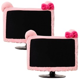 2 Pcs Kawaii Elastic Monitor Dust Cover - Cat Ear Furry Pink, Dustproof for PC, TV, Laptop (17 - 24 Inch)