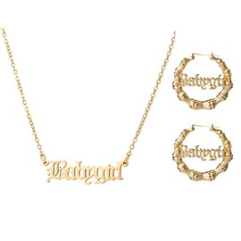 Hip Hop Gold Bamboo Hoop Earrings for Women Stainless Steel Old English Font Letter Pendant Necklace 80s/90s Costume Accessory Party Jewelry Set (A:gold)