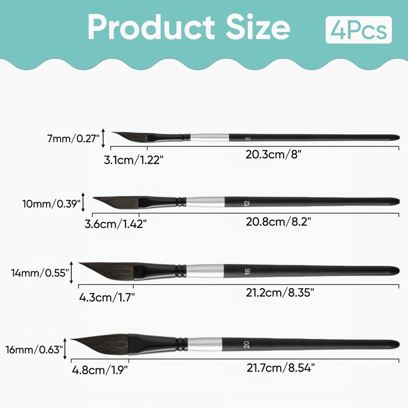 4 Pcs Dagger Tip Artist Paint Brushes, Watercolour Painting Tool
