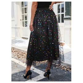 GORGLITTER Women's Polka Dots A Line Midi Tulle Skirt High Waisted Mesh Elegant Prom Party Skirts Black Large