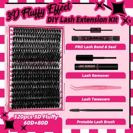 PRO DIY Lash Extension Kit Lash Clusters Kit Individual Lashes Kit with 320 Pcs Lash Clusters Lash Bond and Seal Lash Tweezers Easy to Apply (60D+80D-D-10-18mix Kit)