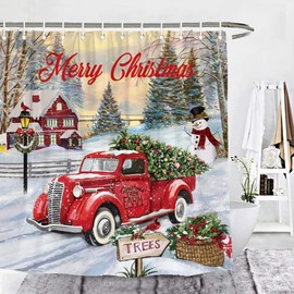 Red Truck Shower Curtain 72x72,Merry Christmas Shower Curtains for Bathroom Waterproof Bath Curtain Fabric Winter Shower Curtains with Hooks Bathroom Curtain Snowflake Shower Curtain Farmhouse