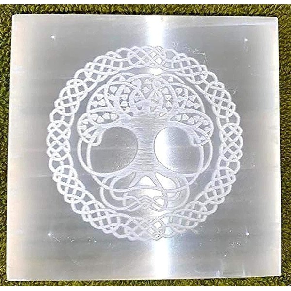 crystalmiracle Selenite 3 Inch Tree of Life Engraved Square Etched Charging Reiki Plate Crystal Healing Gemstone Positive Energy Meditation Wellness Handmade