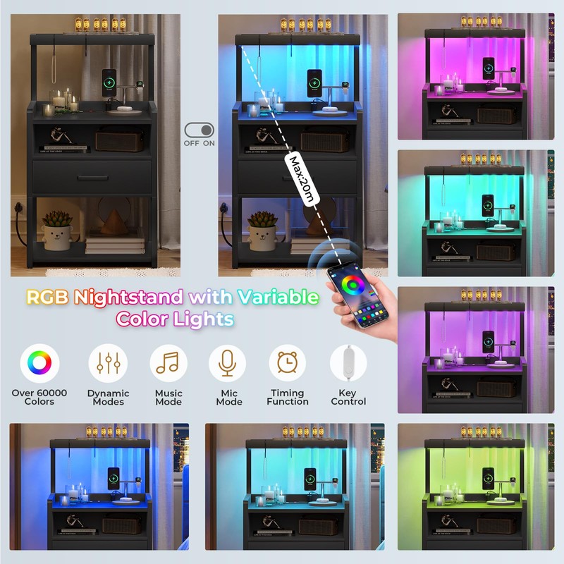 VIAGDO Night Stand Set 2 with Charging Station and LED