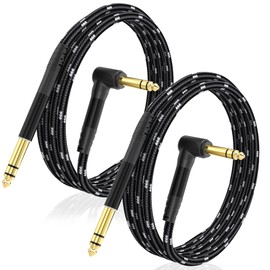 JOLGOO 1/4 Inch TRS Instrument Cable 15ft 2-Pack, Right-Angled to Straight 6.35mm Guitar Bass AMP Cord, Stereo Audio Line for Electric Guitar, Bass, Keyboard, Mixer, Amplifier, Speaker