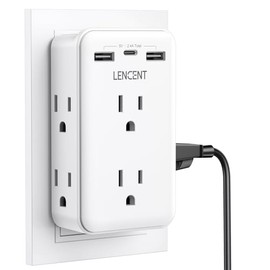 LENCENT Multicontacto Pared de 2 a 3 Clavijas, Extensor de Enchufe con 6 Salidas CA y 3 Puertos USB (1 USB C), 3 Lados Divisor de Pared, Adaptador Enc