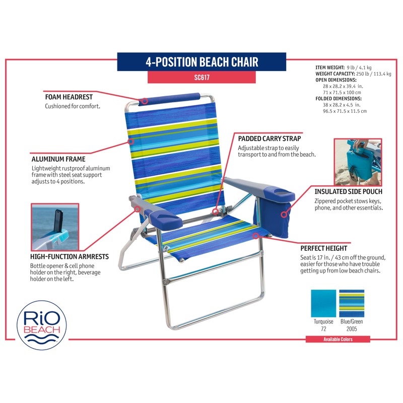 Rio Beach 2-Pack 17" Extended Height 4-Position Folding Beach Chair,