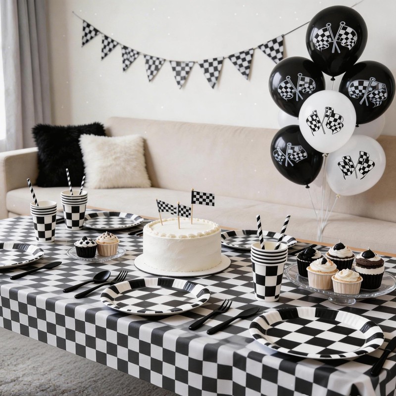 196Pcs Black White Checkered Race Car Party Supplies for 24