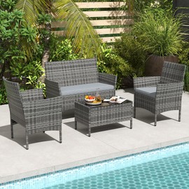 RELAX4LIFE 4-Piece Patio Furniture Set - Rattan Outdoor Conversation Bistro Set w/Cushions, Glass Coffee Table, Wicker Chairs & Loveseat for Garden Backyard Porch, Balcony Furniture Set (1, Mix Grey)