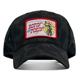 Combat Iron Apparel Premium Adjustable Snapback Hat - Mid Profile Structured Pre Curved Visor Mesh Backing - Ropin’ & Pokin’ (Black Duck Camo/Black)