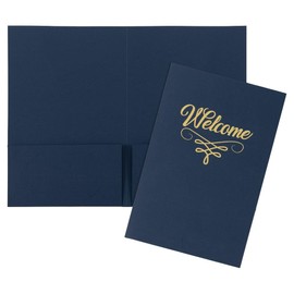 LUXPaper 6" x 9" Small Welcome Folders | Two Pocket | Dark Blue Linen | Gold Foil Flourish | 100lb. Cover | 50 Qty