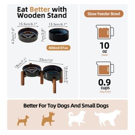 Havniva Ceramic 0.9 Cup Raised Slow Feeder Dog Bowl Set, Elevated 6.1inch Water Bowl and 6.1inch Slow Dish with Acacia Wood Stand for Small Dogs (2 x Starry Sky+ Stand)