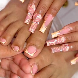 48 Pcs Pink Press on Nails Long Square & Press on Toenails Set - YEFIUO Yellow French Fake Nails Press ons Nail Art Tip Glue on Nails Full Cover Acrylic False Toe Nails Kit with 3D Flowers Rhinestones