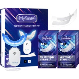 MySmile Kit Blanqueador Dental con Luz Aceleradora 28 LED y 20 unidades Tiras Blanqueadoras Dentales, 10 juegos no sensible blanqueador dental, Sistema de Blanqueamiento Bucal para Uso en Casa, Elimina Manchas de Café, Té y Vino, Sin Sensibilidad