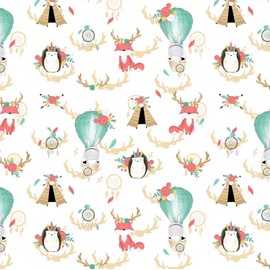 100 x 160 cm Hedgehog Fox Indian, 100% Cotton Fabric, Children, Sold by the Metre, Craft, Sewing Fabric (Hedgehog, Fox, Indian, White, 100 x 160 cm)