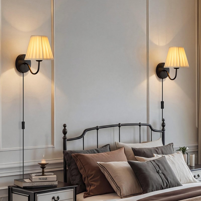 Plug in Wall Sconces with White Fabric Shades, Black Wall