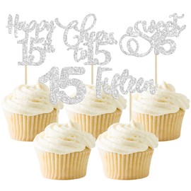 Paquete de 30 adornos para magdalenas de cumpleaños de 15 años con purpurina plateada de quince saludos a 15 años de edad, para decoración de pasteles de feliz cumpleaños de 15 cumpleaños