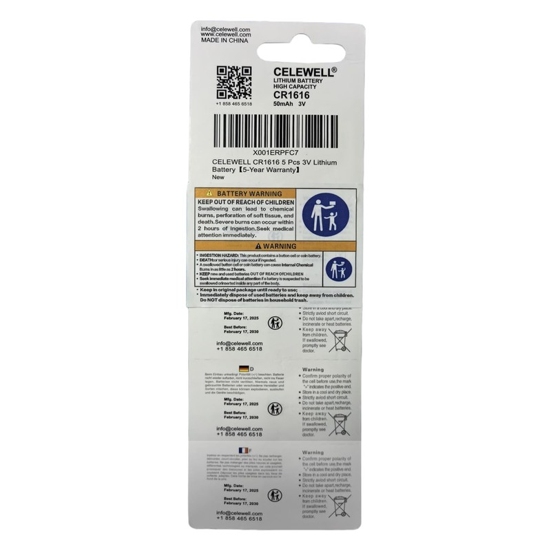 CELEWELL CR1616 5 Pcs 3V Lithium Battery【5-Year Warranty】